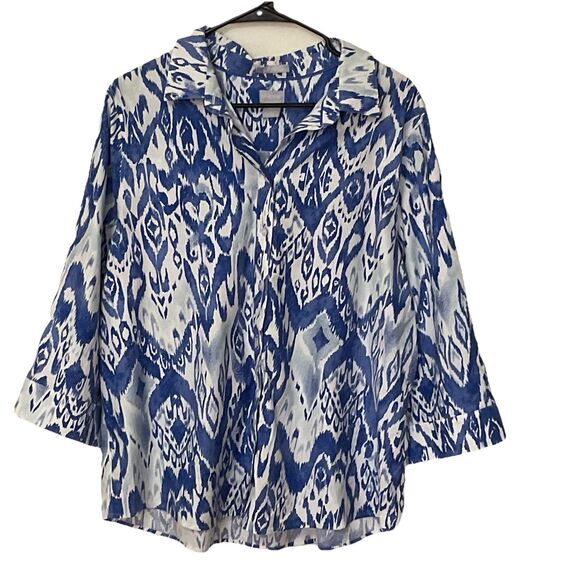 Chicos Top Womens Size 16/18 Large 3 Blue Abstract No Iron Stretch Watercolor - Picture 1 of 8